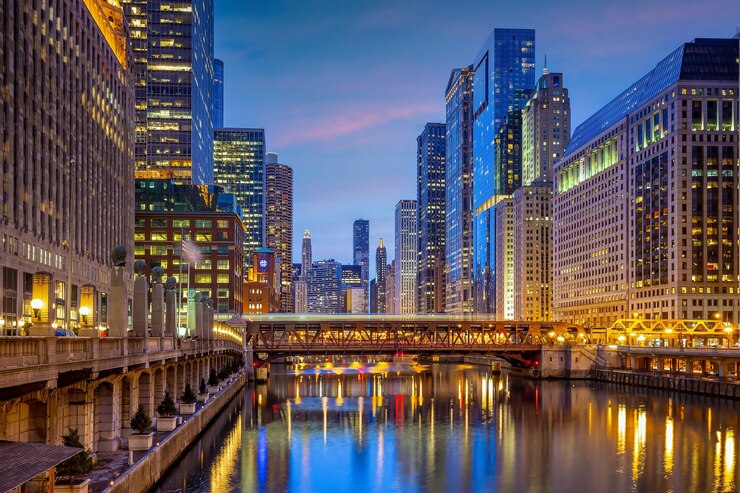 Photo paysage urbain du centre-ville de chicago aux états-unis d'amérique au coucher du soleil