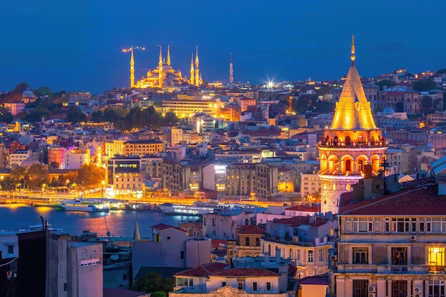 Le paysage urbain du centre-ville d'Istanbul en Turquie au coucher du soleil avec la tour Glalaga