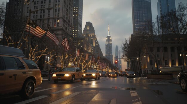 Le paysage urbain du crépuscule avec des lumières festives et des drapeaux américains créant une chaleureuse lueur urbaine