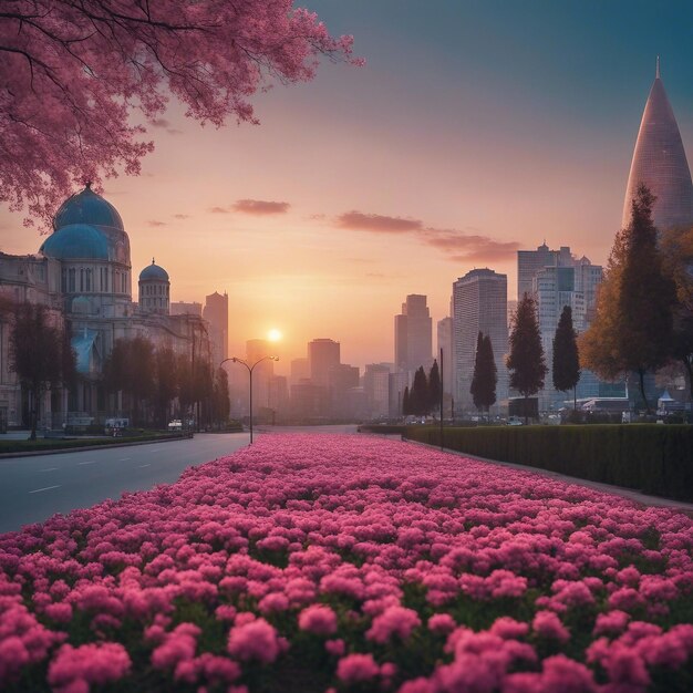 Un paysage urbain enchanteur Une métropole vibrante ornée de délicates fleurs roses