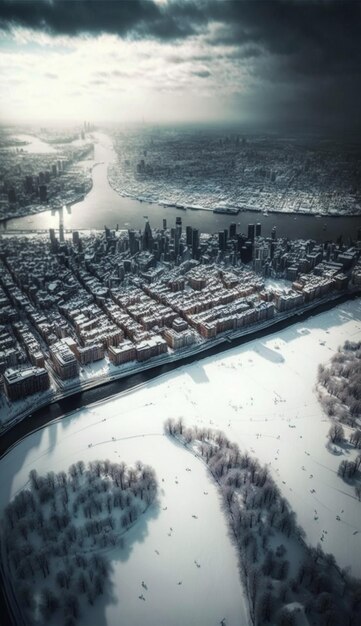 Photo un paysage urbain enneigé avec une rivière en arrière-plan