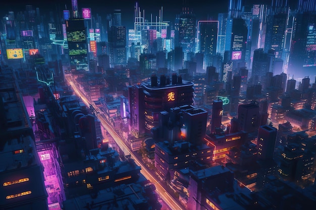 Un paysage urbain avec une enseigne au néon qui dit "cyberpunk"