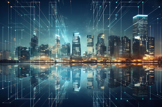 Le paysage urbain de fusion futuriste enveloppé dans un hologramme sur le thème des données