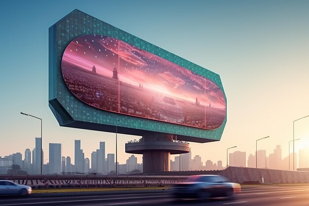 Photo le paysage urbain futuriste accueille un grand panneau d'affichage sur une autoroute très fréquentée qui domine l'horizon.