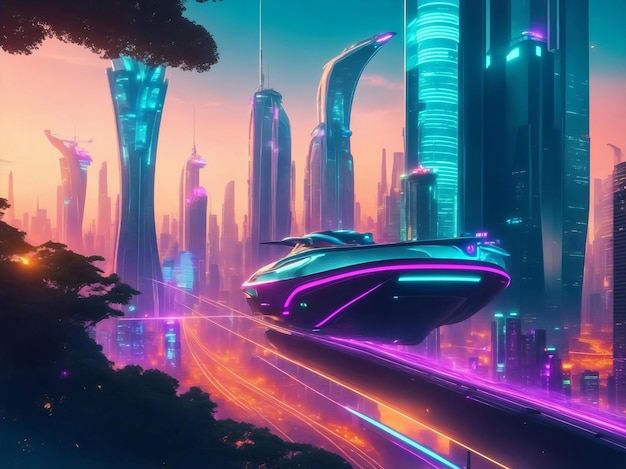 Photo paysage urbain futuriste au coucher du soleil illustration ia générative