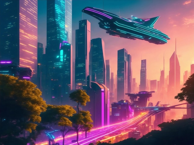 Paysage urbain futuriste au coucher du soleil Illustration IA générative