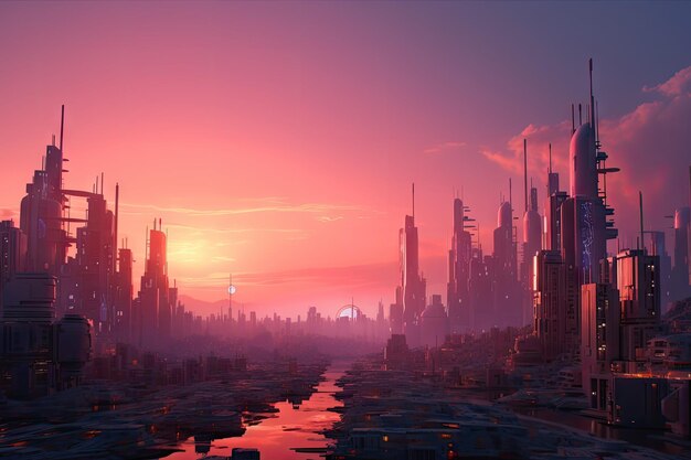 Un paysage urbain futuriste avec des bâtiments imposants et un coucher de soleil rose en arrière-plan