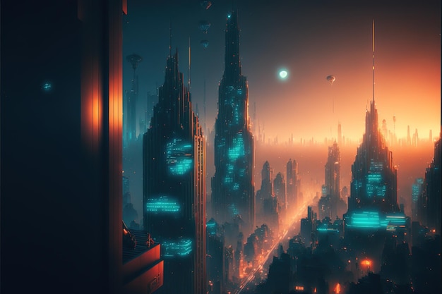 Paysage urbain futuriste dans la nuit avec un fond clair au néon