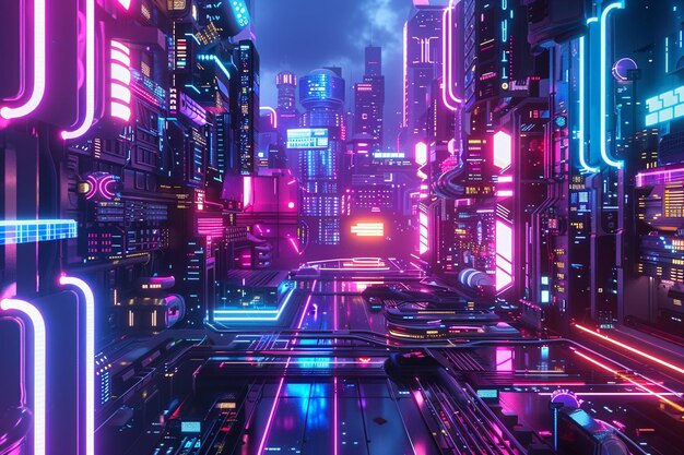 Un paysage urbain futuriste éclairé par des néons