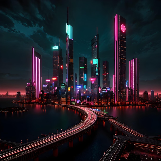 Photo paysage urbain futuriste avec des éléments de technologie avancée éclairage au néon réaliste