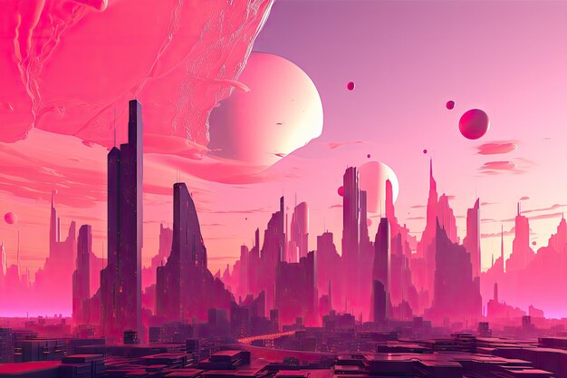 Paysage urbain futuriste avec des gratte-ciel imposants et un ciel rose sur fond futuriste rose