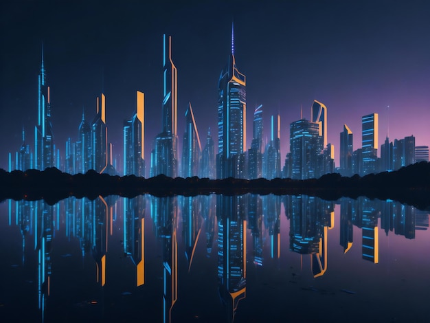 Un paysage urbain futuriste avec des gratte-ciel imposants et des néons se reflétant sur une surface métallique