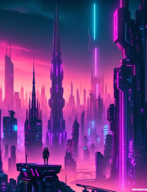 Un paysage urbain futuriste avec des immeubles imposants et un horizon en couleurs vives