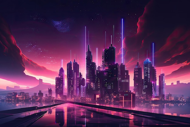 Paysage urbain futuriste avec des lumières roses et violettes qui brillent dans le ciel nocturne