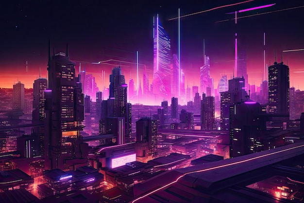 Photo paysage urbain futuriste avec des lumières roses et violettes qui brillent dans le ciel nocturne