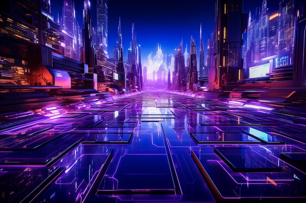 Paysage urbain futuriste avec des néons en arrière-plan IA générative