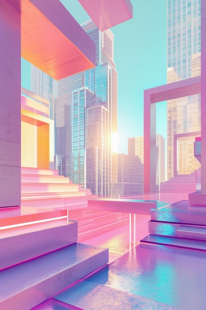 Un paysage urbain futuriste avec des néons roses et bleus brillant dans le ciel et un bâtiment moderne au premier plan