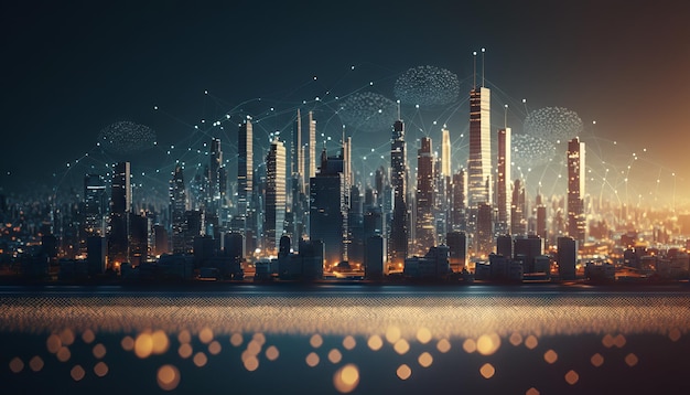 Paysage urbain futuriste la nuit Generative AI