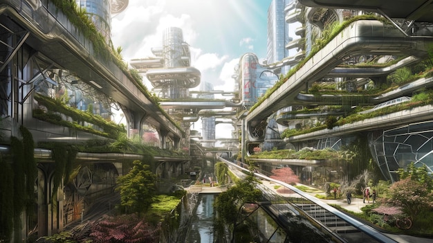 paysage urbain futuriste plein de parcs de gratte-ciel de verdure et d'autres espaces verts en zone urbaine