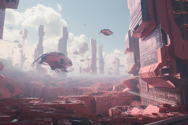 Paysage urbain futuriste rose avec des bâtiments imposants et des véhicules volants