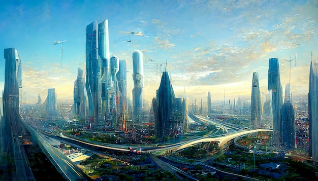 Paysage urbain futuriste spectaculaire véhicules volants Art numérique Illustration 3D