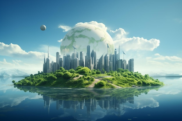 Un paysage urbain futuriste avec la terre et la lune dans le ciel