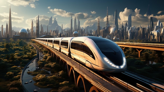 Paysage urbain futuriste avec un train maglev