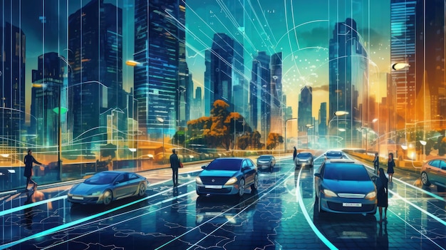 Paysage urbain futuriste avec des véhicules autonomes Belle image d'illustration AI générative