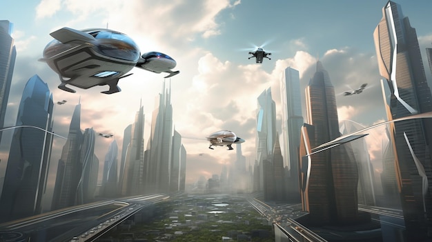 Paysage urbain futuriste avec des véhicules volants et des gratte-ciel