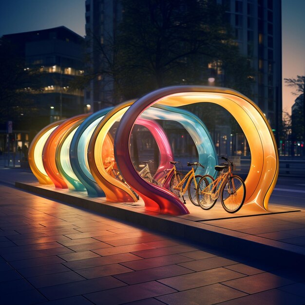 Photo un paysage urbain futuriste avec des vélos organiques colorés