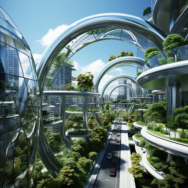 Un paysage urbain futuriste avec des voitures volantes