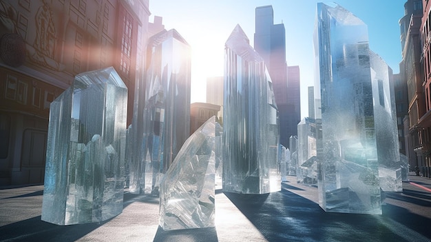 Paysage urbain de glace futuriste Un pays des merveilles cristallisé de gratte-ciel de verre et de sculptures de glace en 2080
