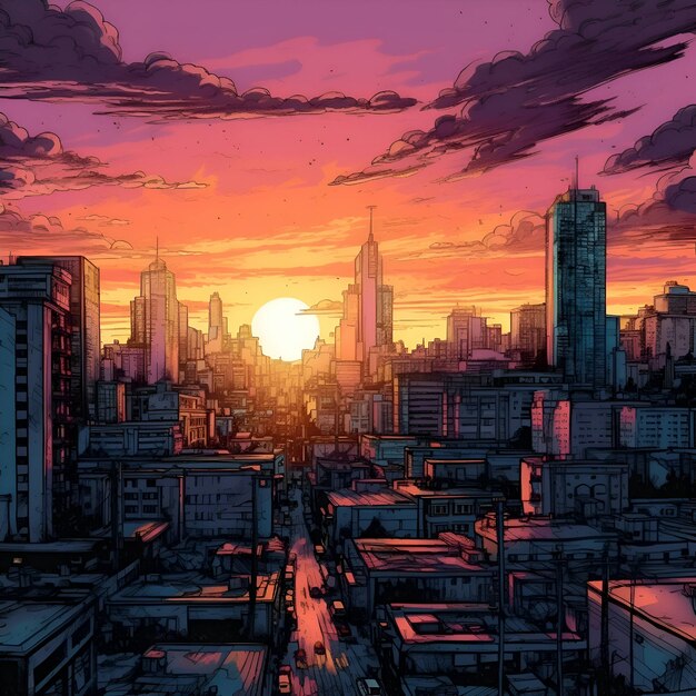 Paysage urbain avec des gratte-ciel au coucher du soleil Peinture d'art numérique