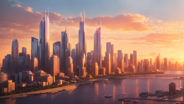 Un paysage urbain avec des gratte-ciel imposants illuminés par les teintes chaudes du soleil couchant