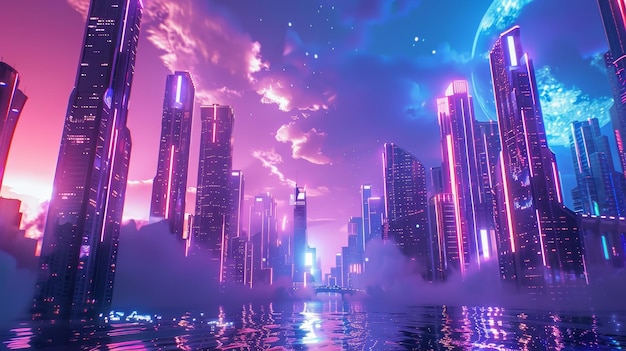 Un paysage urbain de gratte-ciel imposants sur une planète extraterrestre de haute technologie brillant avec des lumières au néon illustration générée par l'IA