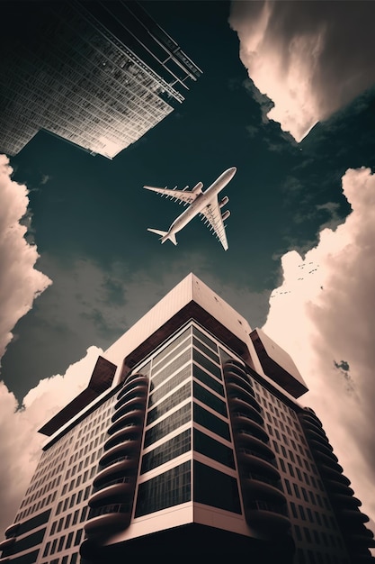 Paysage urbain de gratte-ciel modernes au-dessus d'un avion sur le ciel et les nuages à l'aide de la technologie générative ai