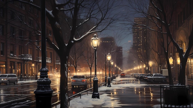 Le paysage urbain hivernal avec des lampadaires doucement éclairés