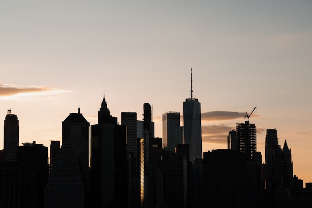 Paysage urbain avec des immeubles de grande hauteur au crépuscule