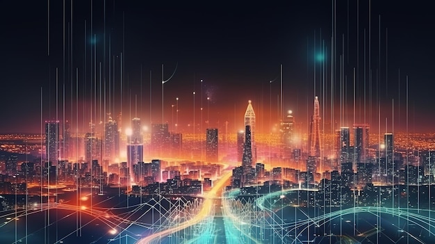 Paysage urbain intelligent avec réseau sans fil Illustration futuriste des technologies futures AI générative