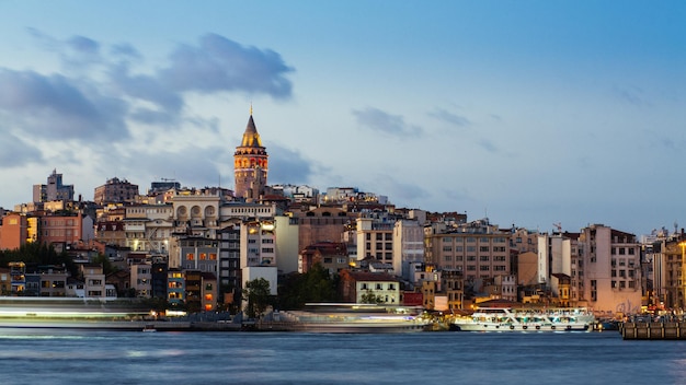 Paysage urbain d'Istanbul avec la tour de Galata et les bateaux touristiques flottants dans le Bosphore