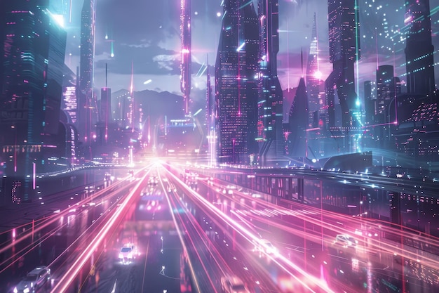 Un paysage urbain avec des lumières au néon et des voitures qui descendent une rue