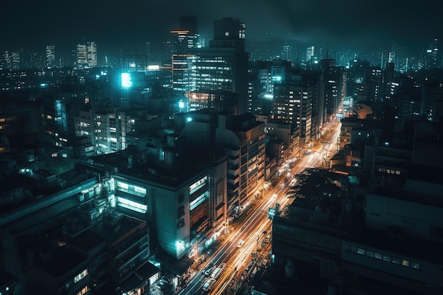 Un paysage urbain avec des lumières et des bâtiments la nuit