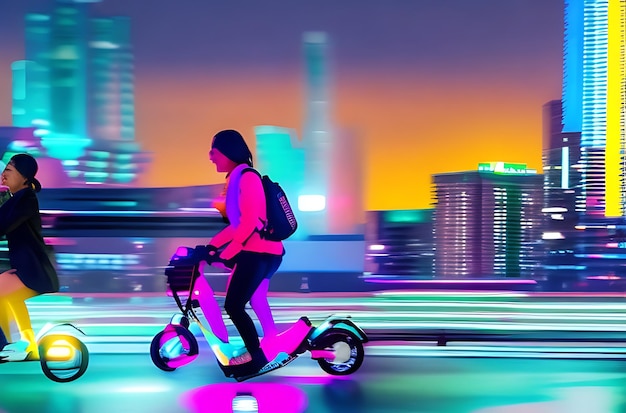 Un paysage urbain lumineux au néon avec deux jeunes femmes sur un scooter électrique au premier plan