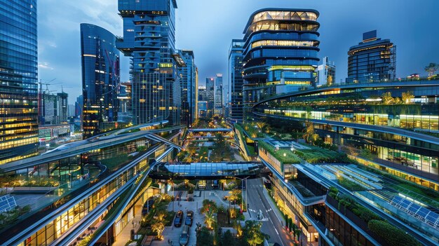 Le paysage urbain moderne au crépuscule avec des toits verts et de l'énergie solaire