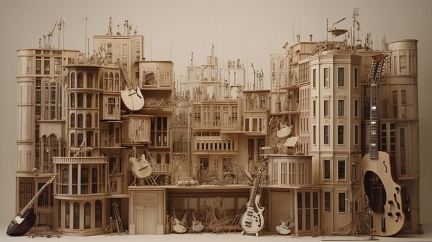 Paysage urbain musical Photographie complexe et inspirante de guitares et de paysage urbain miniature