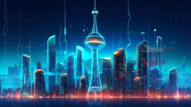 Un paysage urbain avec un néon et le titre "cyberpunk"