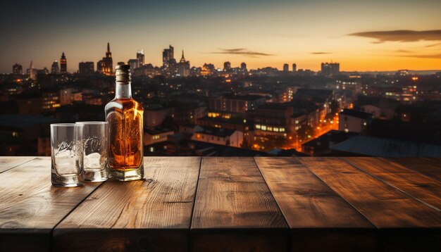 Photo le paysage urbain nocturne, le bar en plein air, le whisky sur une table en bois, les gratte-ciel éclairés générés par l'ia.