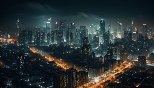 Le paysage urbain nocturne brille avec des gratte-ciel modernes et un trafic animé généré par l'IA