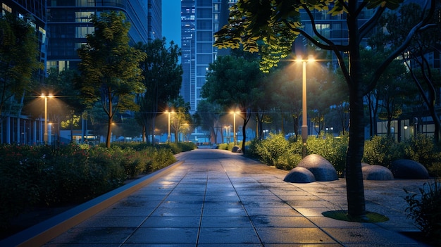 Le paysage urbain nocturne avec un éclairage urbain économe en énergie