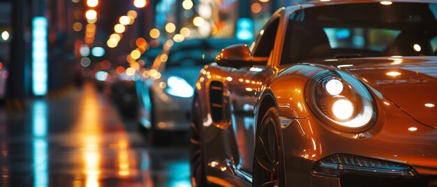 Un paysage urbain nocturne étincelant avec des voitures de sport luxueuses éclairées par des néons